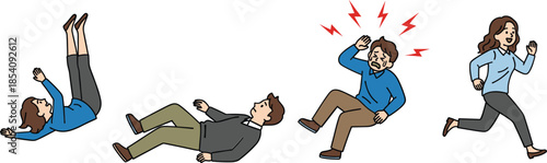 People slipping, falling and running vector illustration set showing accident, pain and safety risk situations