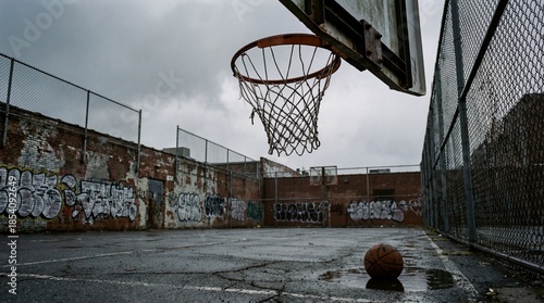 Empty Urban Basketball Court With Graffiti Walls And Puddle On Gloomy Rainy Day