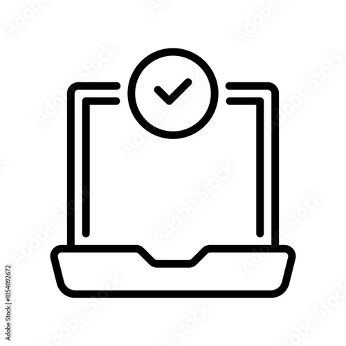 Check on Laptop Screen Line Icon, Outline Symbol for Portable Success, Remote Verified, Mobile Work, Software Pass, and Device Diagnostic. Vector Sign Icon.