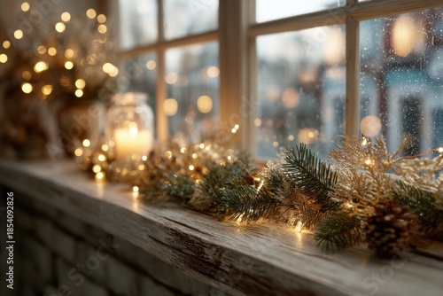 Wallpaper Mural Window sill with pine garland and fairy lights creating warmth Torontodigital.ca