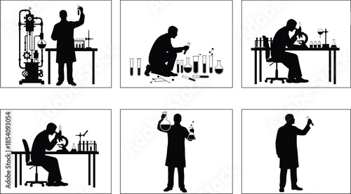 Scientist laboratory silhouette icons set, chemistry research experiment scenes, medical laboratory workflow, pharmaceutical analysis, scientific testing, research equipment
