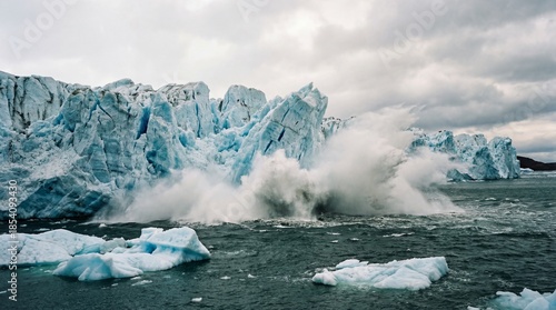 Massive Glacier Calving into Ocean with Huge Splash and Floating Ice