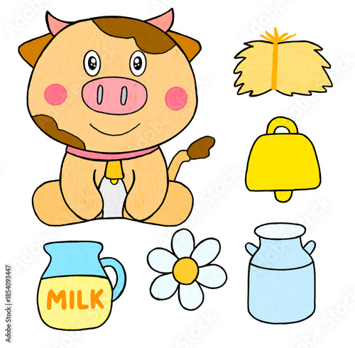 Cute cartoon cow illustration with farm elements including milk jar, bell, hay, flower, and bucket, ideal for children design, education, and playful farm themes.