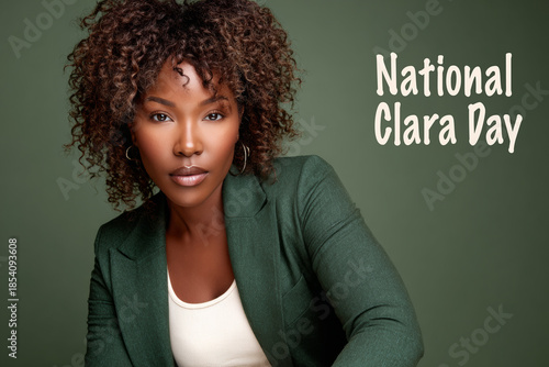 A woman with curly hair poses confidently wearing a green jacket over a white top against a green background. National Clara day concept