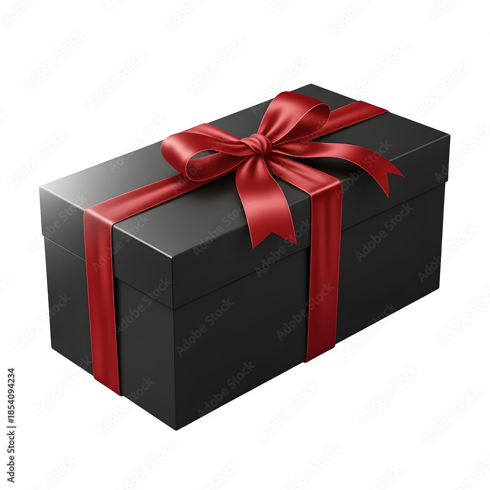 Fototapeta premium Black gift box with red ribbon isolated on transparent background