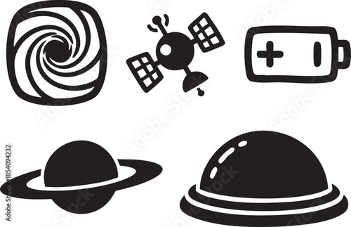 Black and white of a swirling vortex a satellite a battery a ringed planet and a dome spiral