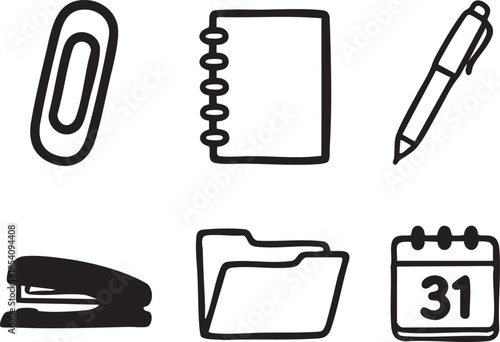 Black and white of office supplies including paperclip notebook pen stapler folder and calendar