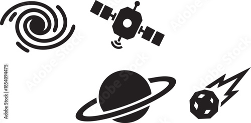 Black of a spiral galaxy a satellite a ringed planet and a comet spacecraft