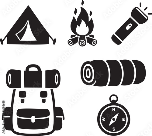 Black silhouette camping tent campfire flashlight backpack sleeping bag compass logs