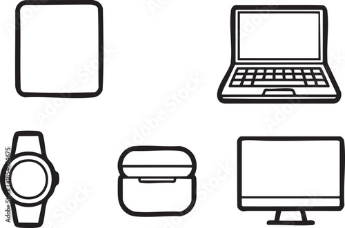 Black outline of a square a laptop a smartwatch wireless earbuds and a desktop monitor computer