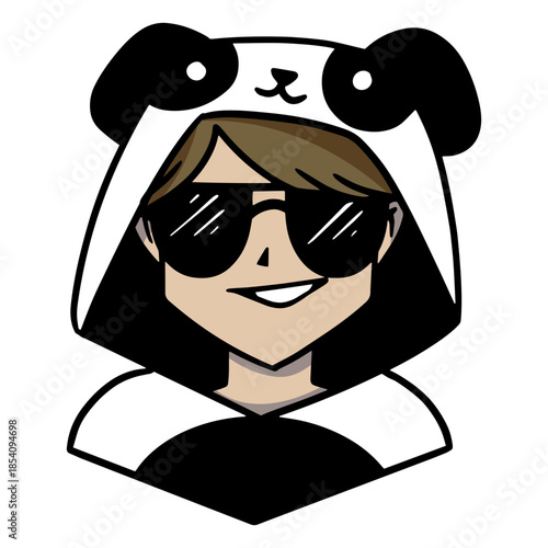 Boy wearing panda anime costume hood and sunglasses