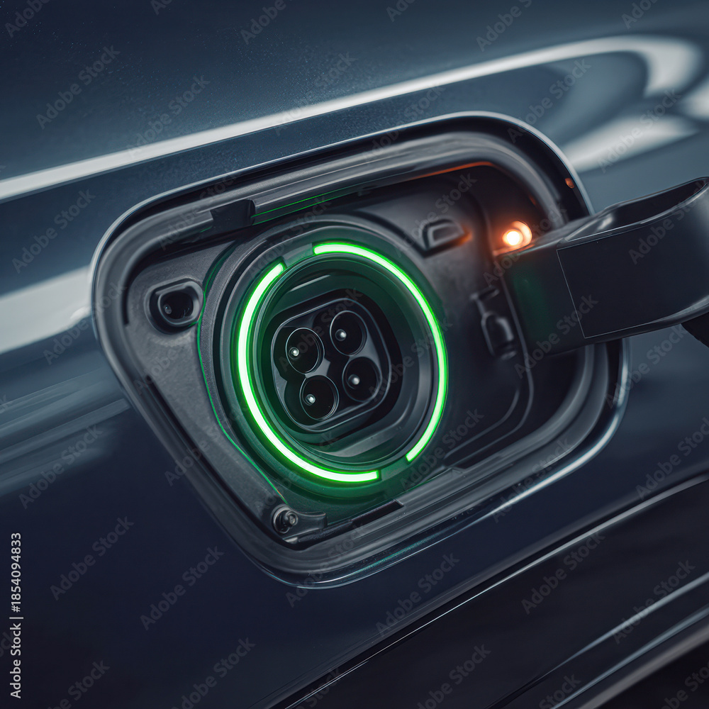 Naklejka premium Close-up of an electric vehicle charging port with a glowing green indicator, highlighting modern technology and sustainability in transportation.