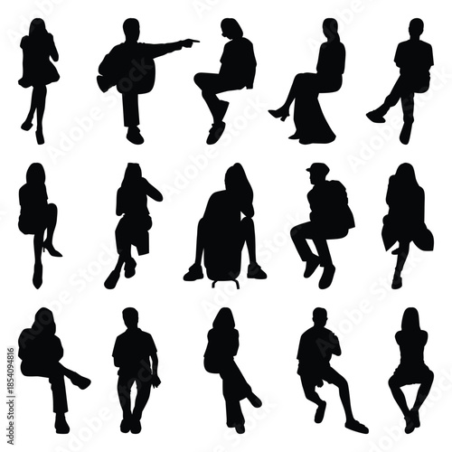 Vector collection set of sitting people silhouettes.	