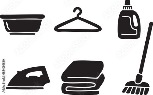 Black silhouette of laundry and cleaning supplies on white background