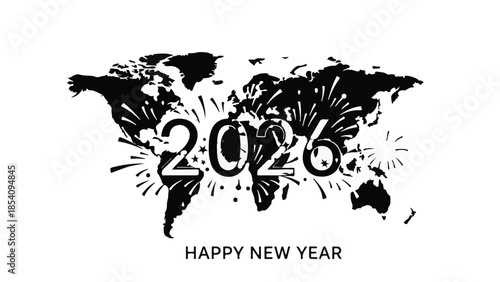Global celebration for the New Year 2026 with fireworks over world map