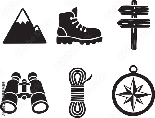 Black silhouette of mountain boot rope compass signpost binoculars peak snow shoe