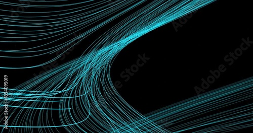 An abstract stream of luminous tracks weaves a mesmerizing pattern, filling the space with dynamics. The energy of moving particles creates the feeling of space travel.
