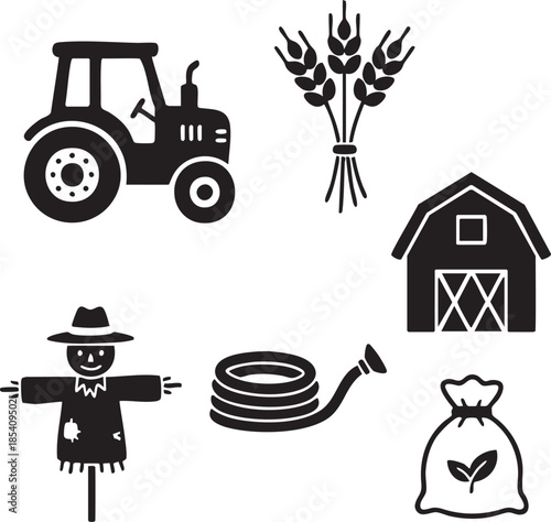Black silhouette of tractor barn wheat scarecrow hose and seed bag