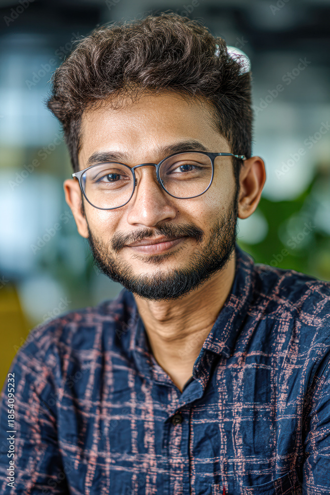 Obraz premium A smiling young man with curly hair and glasses, wearing a patterned shirt, poses in a well-lit indoor space with greenery in the background.