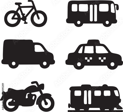 Collection of black silhouette of various vehicles including bicycle bus van taxi motorcycle and train