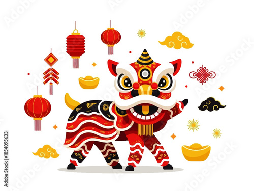 Cute Chinese Lion Dance Character with Lanterns and Gold Coins for Lunar New Year Design