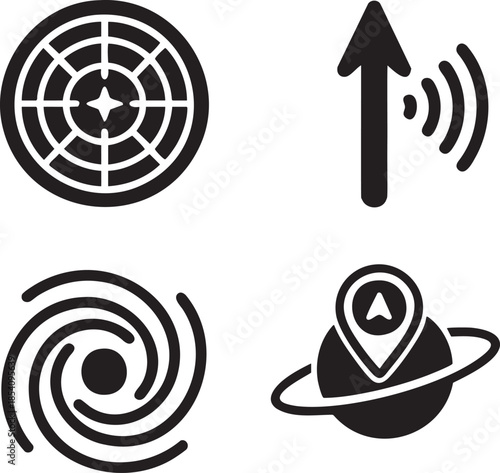 Four black depicting navigation target radar signal spiral and planet with location pin wifi