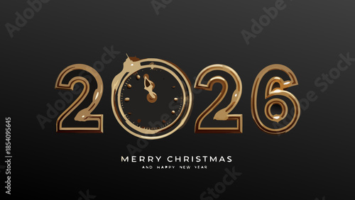 Golden new year 2026 celebration with a clock nearing midnight