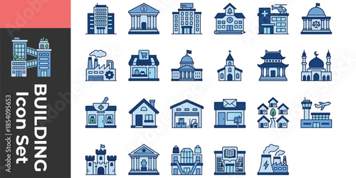 Blue city buildings icons set featuring civic residential industrial healthcare transport education landmarks vector illustration for urban planning maps interfaces