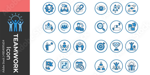 Blue circular business process icons set featuring strategy teamwork analytics goals collaboration vector illustration for corporate management dashboards branding projects