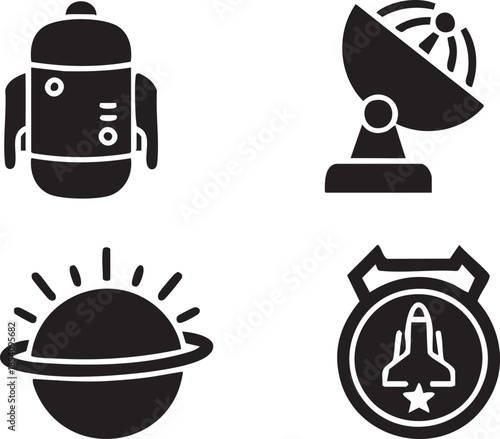 Four black depicting space exploration and celestial bodies rocket satellite dish antenna