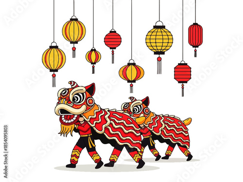 Traditional Chinese Lion Dance Illustration with Hanging Lanterns for Lunar New Year Celebration