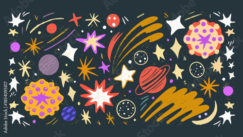 Colorful hand drawn illustration of planets stars and celestial elements