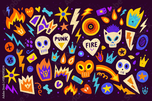 A colorful chaotic collection of punk and gothic inspired doodles and symbols