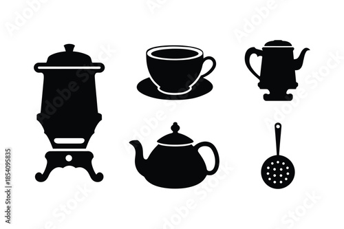Traditional Tea Set and Kitchenware Icons with Samovar and Teapot
