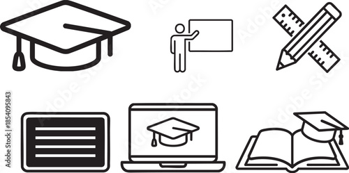 Graduation cap on open book laptop computer and teacher with board education learning