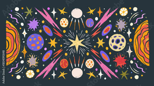 Colorful abstract illustration of planets stars and cosmic elements against a dark background