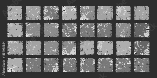 A grid of grayscale distressed textures and abstract rectangular shapes