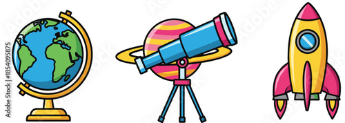 Science education icons vector set with globe, telescope and rocket for astronomy and learning concepts