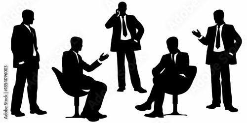 Silhouettes of business people in suits engaging in conversation and meetings