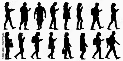 Silhouettes of people walking in various poses and attire a modern graphic