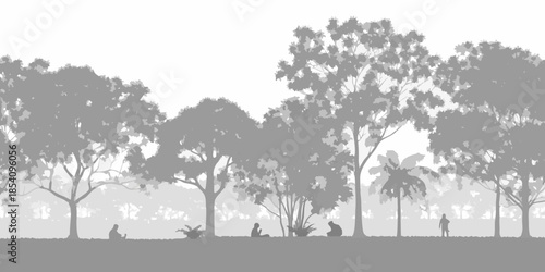 A serene grayscale landscape depicting silhouetted trees and distant figures
