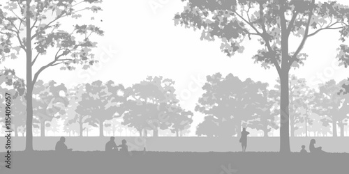 Silhouetted trees and figures against a bright hazy sky create a peaceful scene