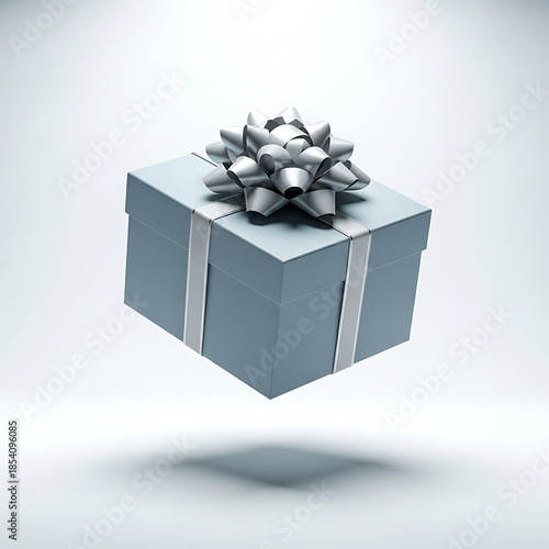 A gray gift box with a decorative bow on top
