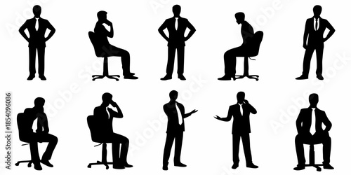 Silhouettes of business people in various poses and settings