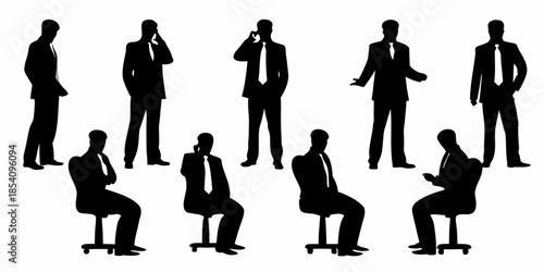 Silhouettes of businessmen in various poses embodying modern corporate life
