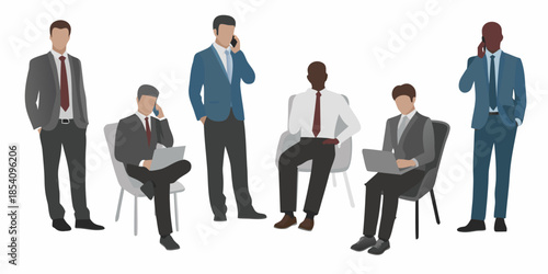 Group of business professionals in suits making calls and working