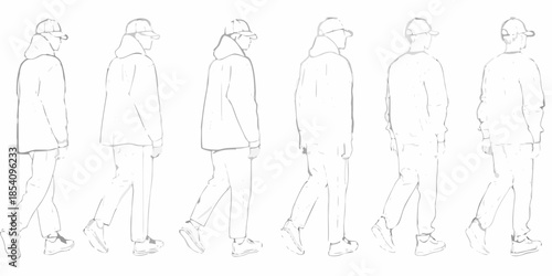 Stylized line art depicting a man walking in various poses and perspectives