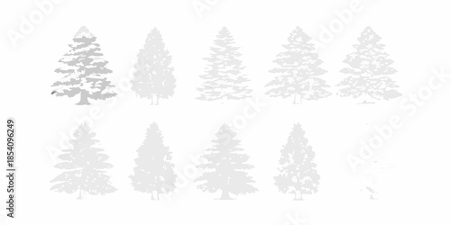 A collection of stylized coniferous tree silhouettes in varying shades of gray