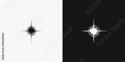 A stark contrast light and dark starbursts on divided white and black backgrounds