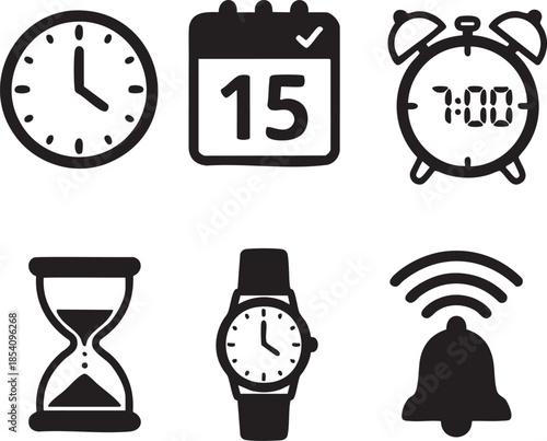 Six black depicting timekeeping devices and concepts on a white background clock calendar alarm